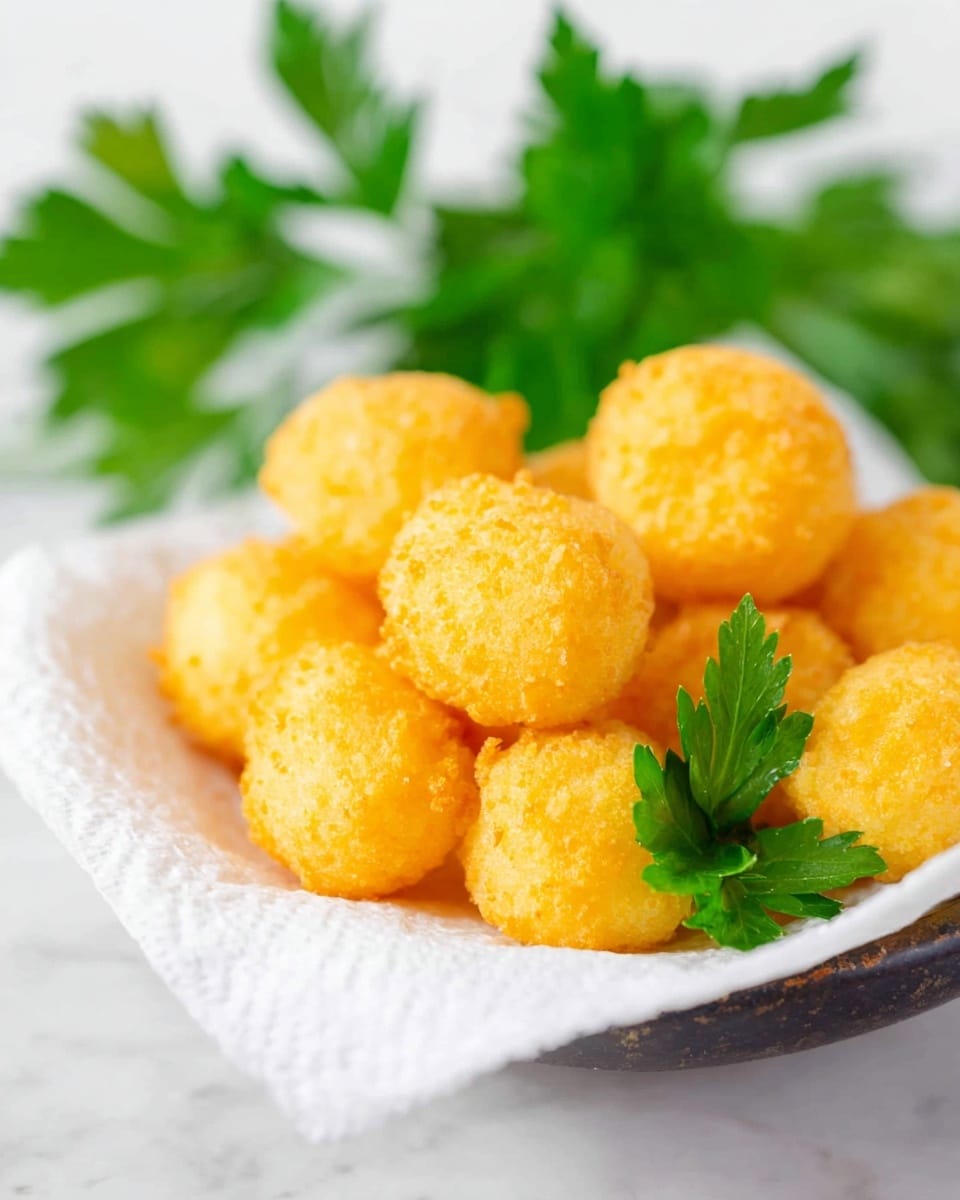 A white bowl holds a pile of small, round, golden-yellow fried cheese balls with a slightly rough texture, resting on a white paper towel inside the bowl. Behind the cheese balls, there are fresh, bright green parsley leaves adding a pop of color and fresh look. The background shows a clean, white marbled surface that contrasts gently with the warm tones of the cheese balls and the vibrant green parsley. photo taken with an iphone --ar 4:5 --v 7