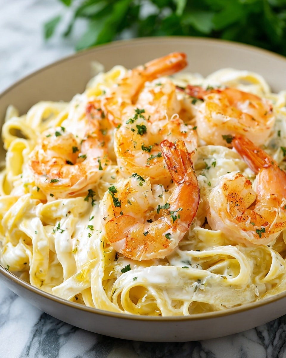 The dish shows a close-up of creamy fettuccine pasta in one layer, coated in white sauce with a smooth texture. On top, there are two layers of large, orange-pink cooked shrimp, slightly shiny and sprinkled with small green herb pieces. The shrimp are arranged evenly across the pasta. The food is served in a white bowl placed on a white marbled surface, with green blurred leaves in the background. photo taken with an iphone --ar 4:5 --v 7