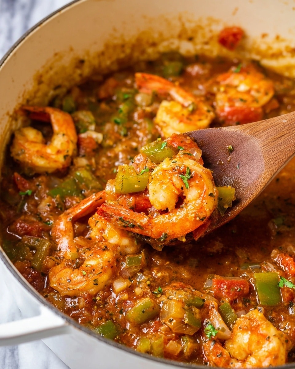 A close-up view of a cooked shrimp dish in a white pot, showing one wooden spoon lifting a large, orange shrimp coated with a thick sauce. The dish has several shrimp scattered throughout, mixed with chopped green bell peppers, red tomatoes, and bits of onions in a rich, reddish-brown sauce with visible herbs and spices. The sauce glistens with a slightly oily texture, surrounding the shrimp and vegetables, while the pot's inner walls have some sauce splatters. In the background, there is a blurred white marbled surface. photo taken with an iphone --ar 4:5 --v 7