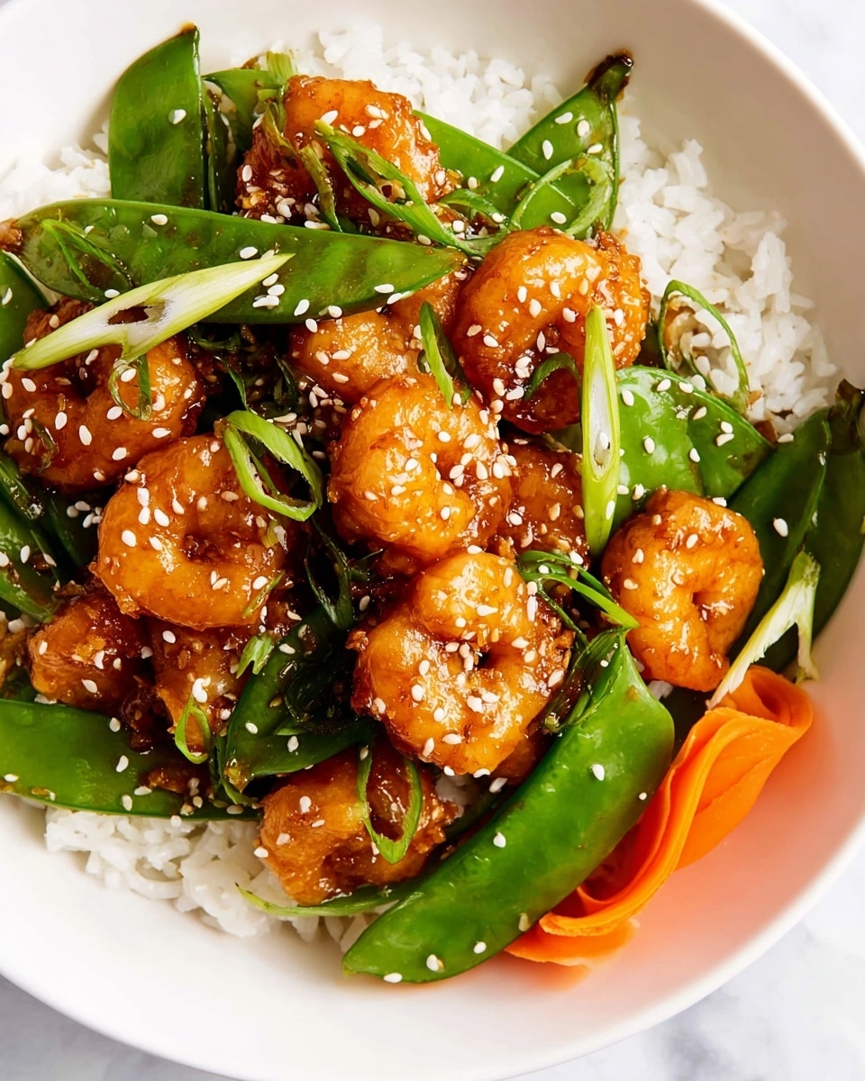 This dish shows a close-up of a white bowl filled with three main layers. At the bottom, there is a layer of white rice with a smooth texture. On top of the rice is a serving of bright green snow peas and thin slices of green onions. The final layer is made up of small, orange-brown shrimp coated in a shiny sauce, scattered evenly across the vegetables and rice. White sesame seeds are sprinkled over everything. A small curl of orange carrot sits on the edge of the rice. The bowl rests on a white marbled surface. Photo taken with an iphone --ar 4:5 --v 7