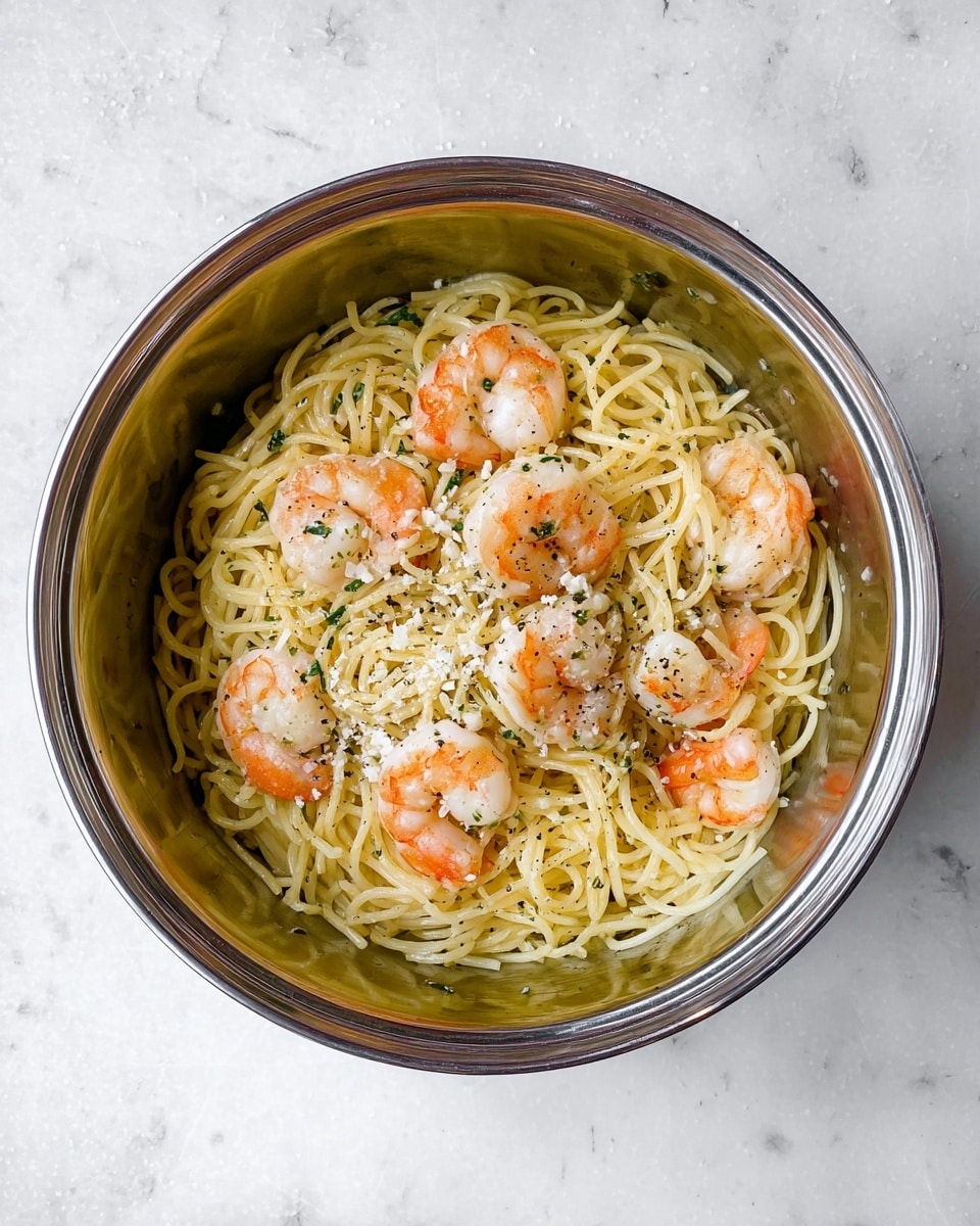 A shiny silver bowl filled with thin yellow noodles as the base layer, mixed with small green herb pieces spread throughout. On top of the noodles, evenly placed pink shrimp with orange tails add a bright contrast. Small bits of white cheese or garlic are scattered lightly over the noodles and shrimp. The bowl sits on a white marbled surface. photo taken with an iphone --ar 4:5 --v 7