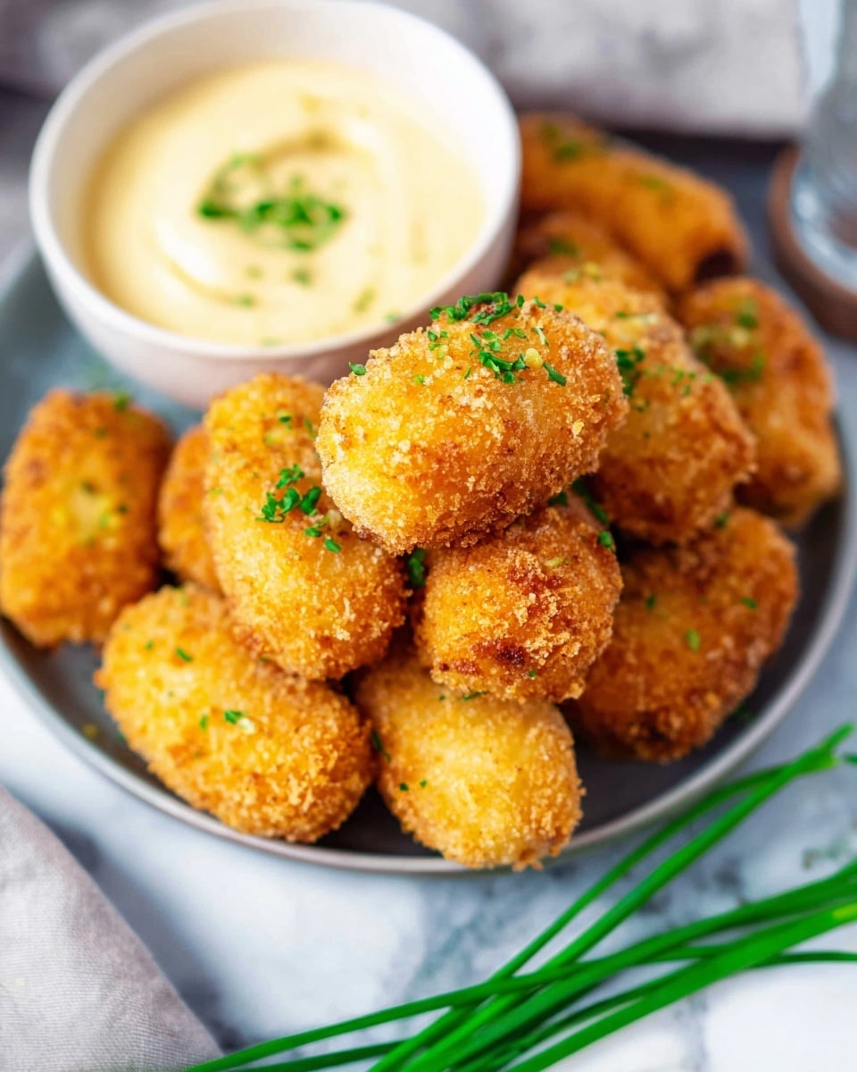 A white plate is full of golden brown, crispy croquettes stacked in a small pile. The croquettes have a crunchy texture with some small green herbs sprinkled on top for color. Behind the plate, there is a small white bowl filled with creamy pale yellow sauce. A few long green chives rest next to the plate on a white marbled surface. Photo taken with an iphone --ar 4:5 --v 7