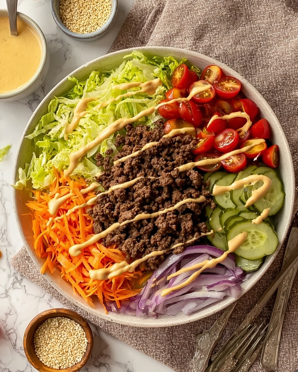 A white bowl sits on a light brown cloth over a white marbled surface, filled with a colorful layered dish. Starting from the left, there is a layer of shredded light green lettuce, next to bright orange shredded carrots, followed by a middle layer of cooked dark brown ground meat. Above the meat layer, there are bright red sliced cherry tomatoes, and to the right of that, light green sliced pickles. In the bottom right, thinly sliced purple onions complete the layers. The whole dish is topped with thin drizzle lines of a creamy light tan sauce. Nearby, a silver fork rests on the surface, and small bowls of sesame seeds and the sauce sit in the background. Photo taken with an iphone --ar 4:5 --v 7