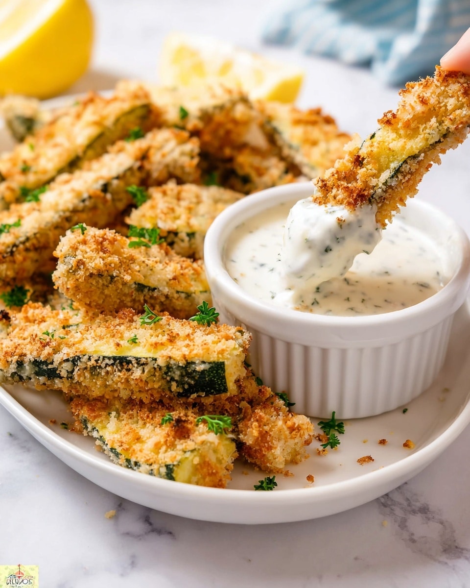 A white oval plate holds a stack of golden-brown zucchini sticks coated in a crunchy breading with green herbs sprinkled on top. One zucchini stick rests partially dipped in a small white round bowl of thick, creamy white sauce with tiny green herb bits mixed in. The plate sits on a white marbled surface, near two lemon wedges, two garlic cloves, and a folded light yellow and white cloth. A green zucchini is partially visible in the background beside a white ramekin filled with more creamy sauce topped with chopped herbs. Photo taken with an iphone --ar 4:5 --v 7