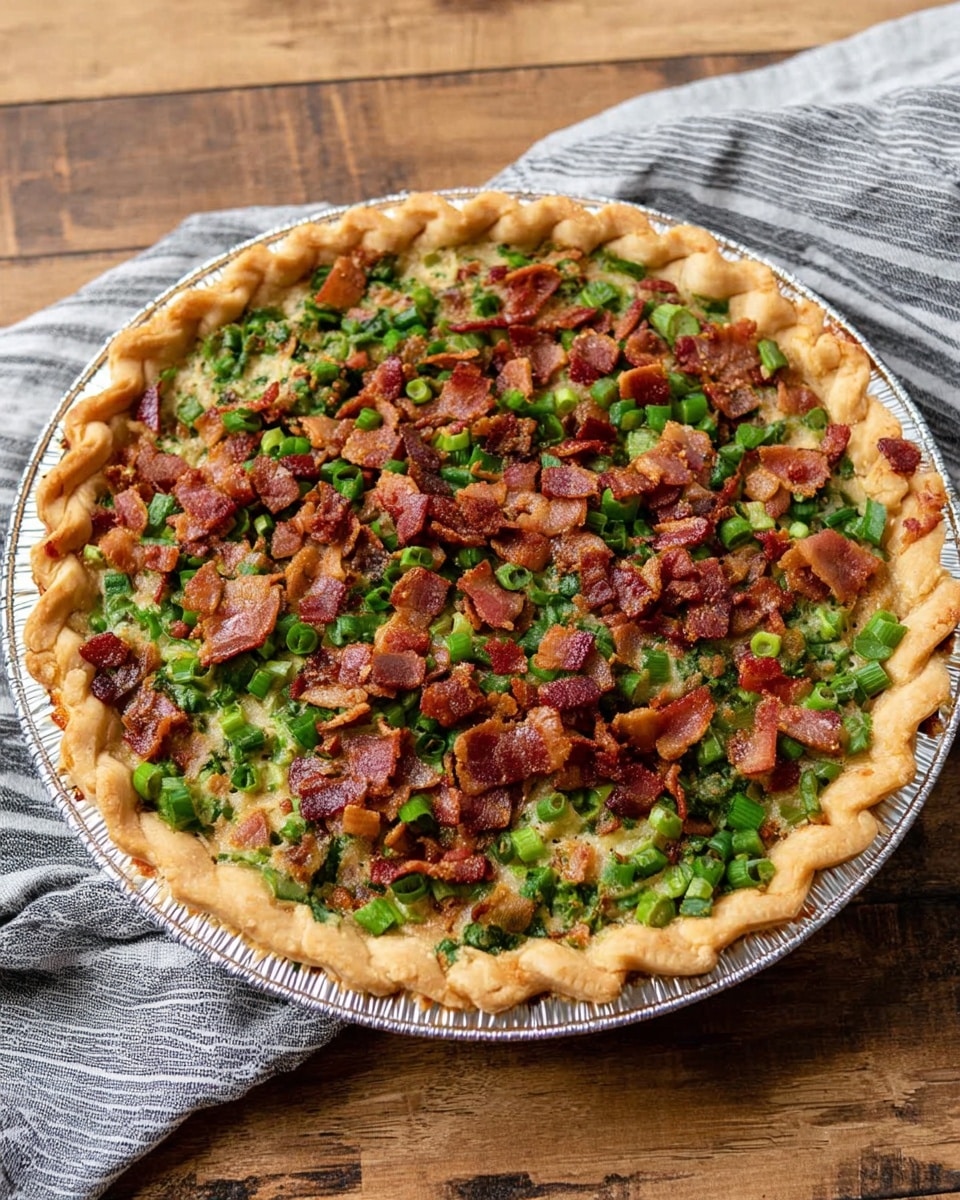 A deep dish pie with one visible layer of toppings. The pie crust is golden brown and thick with a braided edge, sitting in a round foil pie pan. On top is a dense layer of chopped green vegetables and green onions, evenly spread across. Scattered all over the green layer is crispy, crumbled bacon in shades of red and brown. The pie is placed on a wooden surface with a gray and white striped cloth. photo taken with an iphone --ar 4:5 --v 7