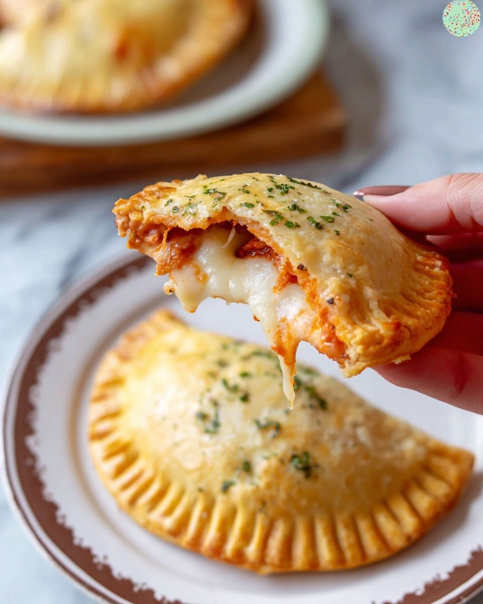A close-up shows a woman's hand holding a half-eaten round empanada with a light golden crust topped with small green herb bits. The crust has a fork-pressed edge and is slightly flaky. Inside, layers of melted white cheese and reddish-orange tomato sauce are visible, with some meat filling peeking through. In the background, a white plate with a brown decorative rim holds another empanada on a white marbled surface. The scene is bright and focuses on the textures and warm colors of the empanada. photo taken with an iphone --ar 4:5 --v 7