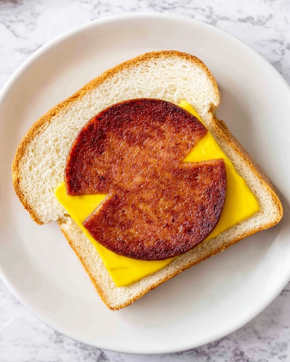 The image shows a simple sandwich on a white plate with a white marbled surface background. The sandwich has two layers; the bottom layer is a slice of white bread with a smooth spread of bright yellow mustard. On top is a single large, round slice of fried bologna that is dark brown and crispy around the edges, with two small triangular notches on opposite sides, creating a slight Pac-Man shape. The textures show the softness of the bread and the rough, slightly oily surface of the fried bologna. Photo taken with an iphone --ar 4:5 --v 7