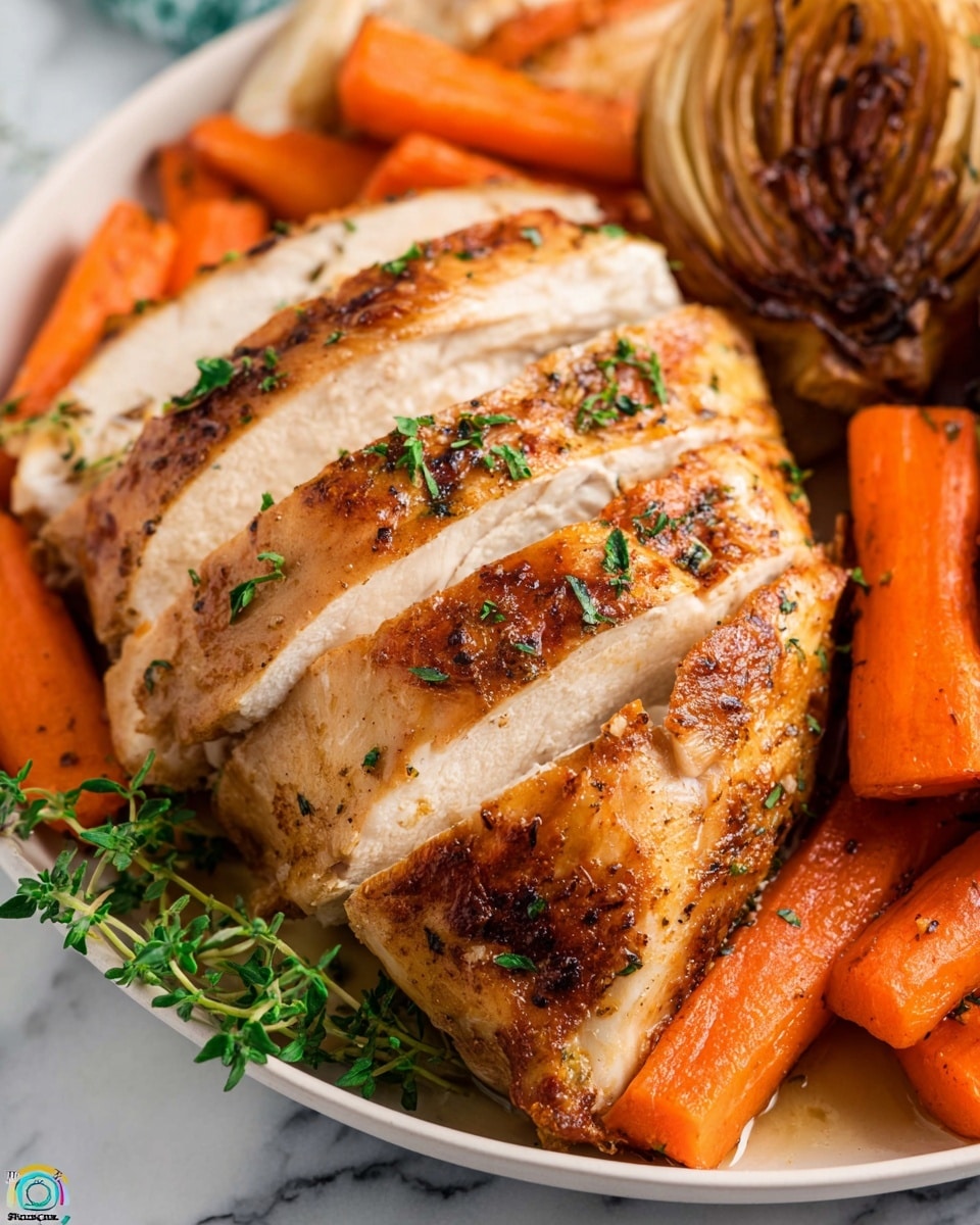 A golden brown roasted whole chicken sits in the center of a white cast iron pan, with its legs tied together. The chicken's skin is crispy with specks of green herbs sprinkled on top. Surrounding the bird are thick chunks of orange carrots and green celery sticks, partially browned from roasting, along with sprigs of fresh thyme and garlic bulbs that have turned golden. The pan rests on a round wooden board, and nearby there is a small wooden bowl of mashed potatoes with black pepper on top, slices of white bread, and a white gravy boat filled with creamy sauce. The background is a white marbled surface. photo taken with an iphone --ar 4:5 --v 7