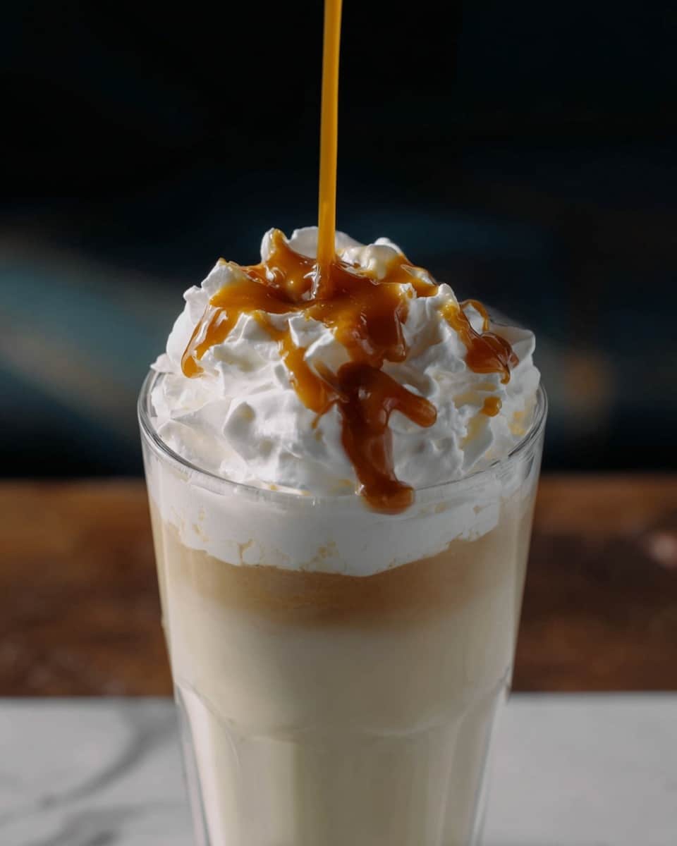 The image shows a tall clear glass filled with a creamy light beige drink topped with a large layer of white whipped cream that has a soft, fluffy texture with peaks. A drizzle of thick caramel sauce in a rich golden brown color is being poured onto the center of the whipped cream, adding a shiny, smooth layer on top. The glass is set on a white marbled texture, and the background is blurred with dark tones. photo taken with an iphone --ar 4:5 --v 7