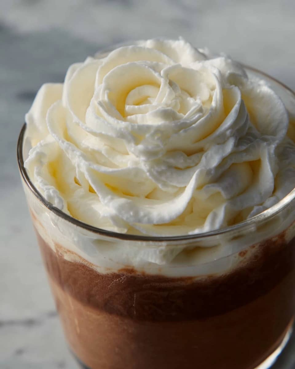 The image shows a close-up view of a glass filled with two visible layers: the bottom layer is a smooth, rich chocolate cream with a deep brown color and slightly thick texture, while the top layer is a generous swirl of white whipped cream with soft peaks and a fluffy texture, creating a whipped rose-like pattern. The glass itself is clear, allowing a full view of the layered dessert inside, and the background is a white marbled texture. The details focus mainly on the whipped cream's soft curves and light shadows that highlight its texture photo taken with an iphone --ar 4:5 --v 7