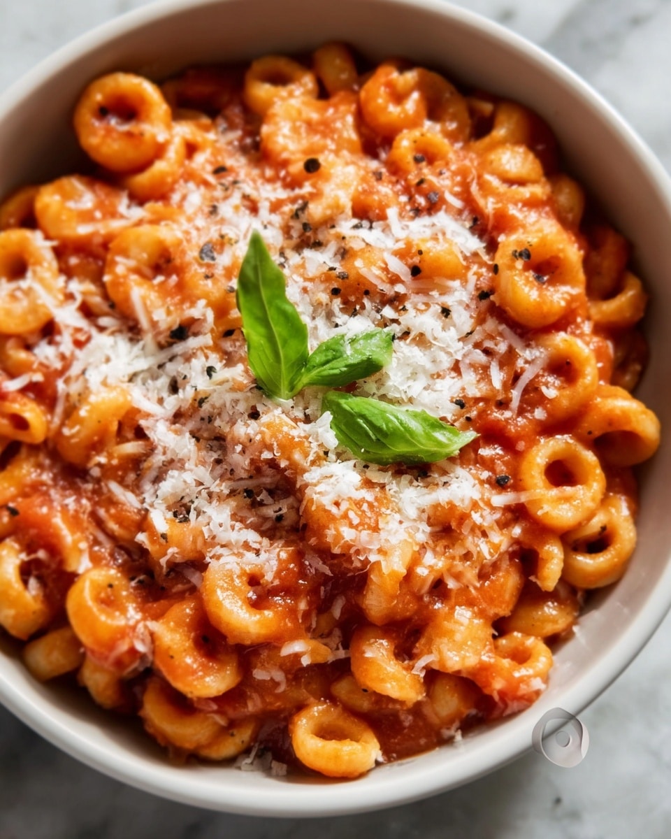 A close-up view of a white bowl filled with orange-red circular pasta covered in a thick tomato sauce. On top, there is a layer of white grated cheese sprinkled unevenly over the pasta, and small black pepper flakes scattered around. Two fresh light green basil leaves rest on the cheese and pasta, one near the center and one closer to the edge. The bowl sits on a white marbled surface. photo taken with an iphone --ar 4:5 --v 7