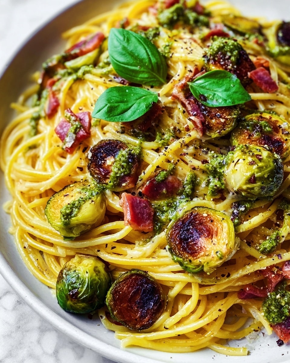 A close-up view of a white plate filled with spaghetti pasta layered as the base, bright yellow in color and smooth in texture, mixed evenly with roasted Brussels sprouts that have a dark char on their cut sides, showing green and brown colors, and slices of seared reddish meat scattered throughout. Fresh green basil leaves are placed on top, with a drizzle of green pesto sauce adding a glossy look and some scattered black pepper flakes for contrast. The white marbled surface peeks from under the plate. Photo taken with an iphone --ar 4:5 --v 7