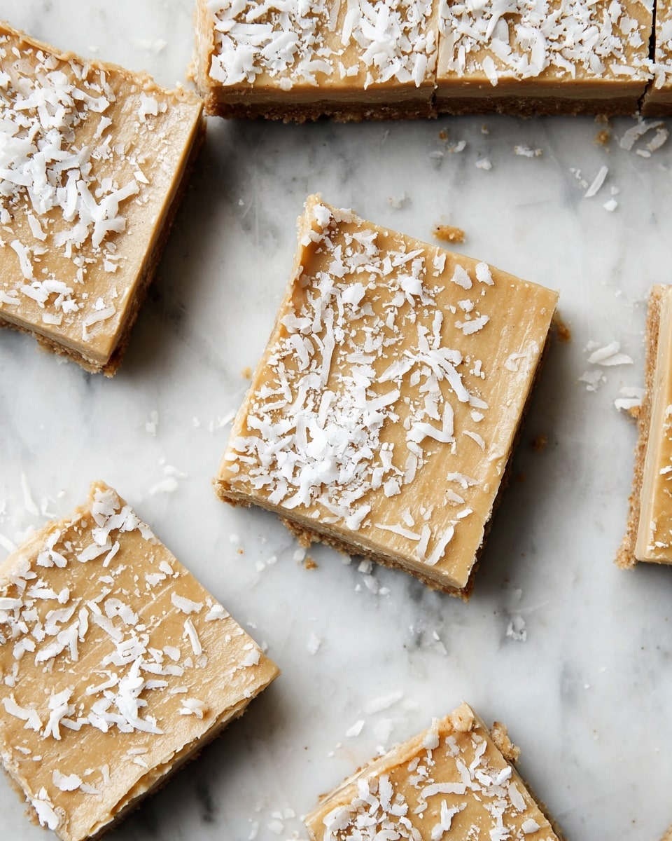 The image shows several square bars arranged on a white marbled surface. Each bar has two layers: a darker brown bottom layer with a slightly rough texture, and a smooth, light tan top layer sprinkled with white coconut flakes scattered unevenly over the surface. The bars are cut into neat squares with clean edges, and some parts of the white marbled background show between the separated pieces. The top layer has a soft, creamy appearance with subtle ridges and a glossy finish. Photo taken with an iphone --ar 4:5 --v 7