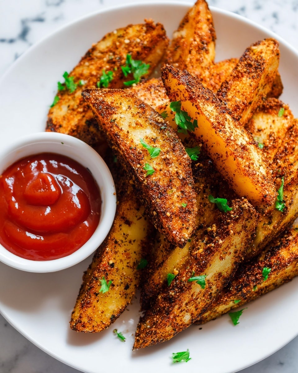 The image shows a white plate filled with about ten golden-brown potato wedges, each coated with a crispy, slightly dark seasoning crust. The wedges are unevenly stacked, some laying flat while others lean against each other, giving a layered look. Bright green parsley leaves are scattered on top, adding a fresh contrast. On the left side of the plate, there is a small white dish filled with smooth, rich red ketchup that has a slight glossy texture. The plate sits on a white marbled surface with a beige cloth partially under the edge of the plate. photo taken with an iphone --ar 4:5 --v 7