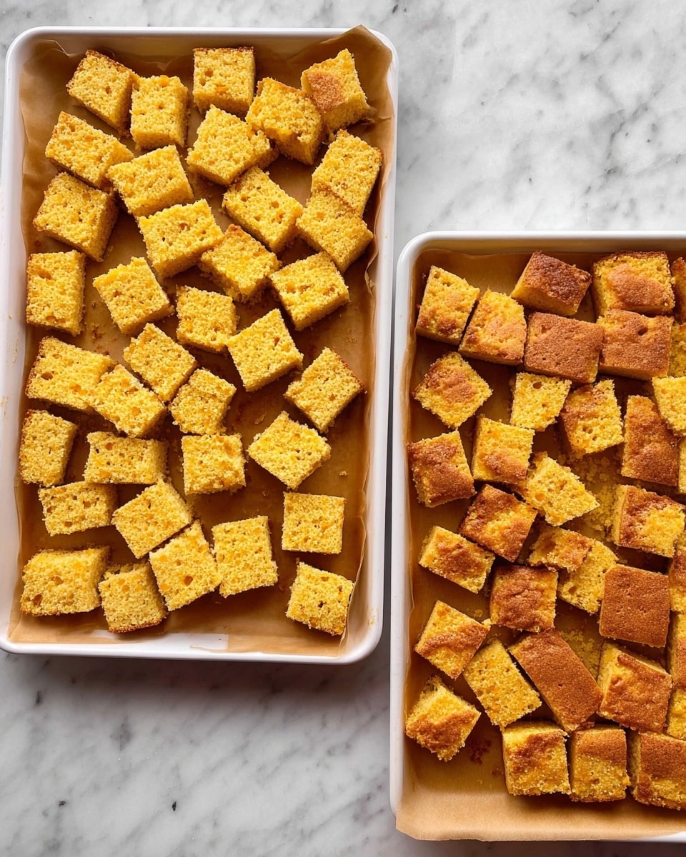 The image shows two views of golden yellow cornbread pieces in a single layer on two white baking trays lined with parchment paper. Each cornbread piece is square or rectangular with a slightly rough texture and crispy brown edges, showing some light and darker browned spots. The background is a white marble surface. photo taken with an iphone --ar 4:5 --v 7
