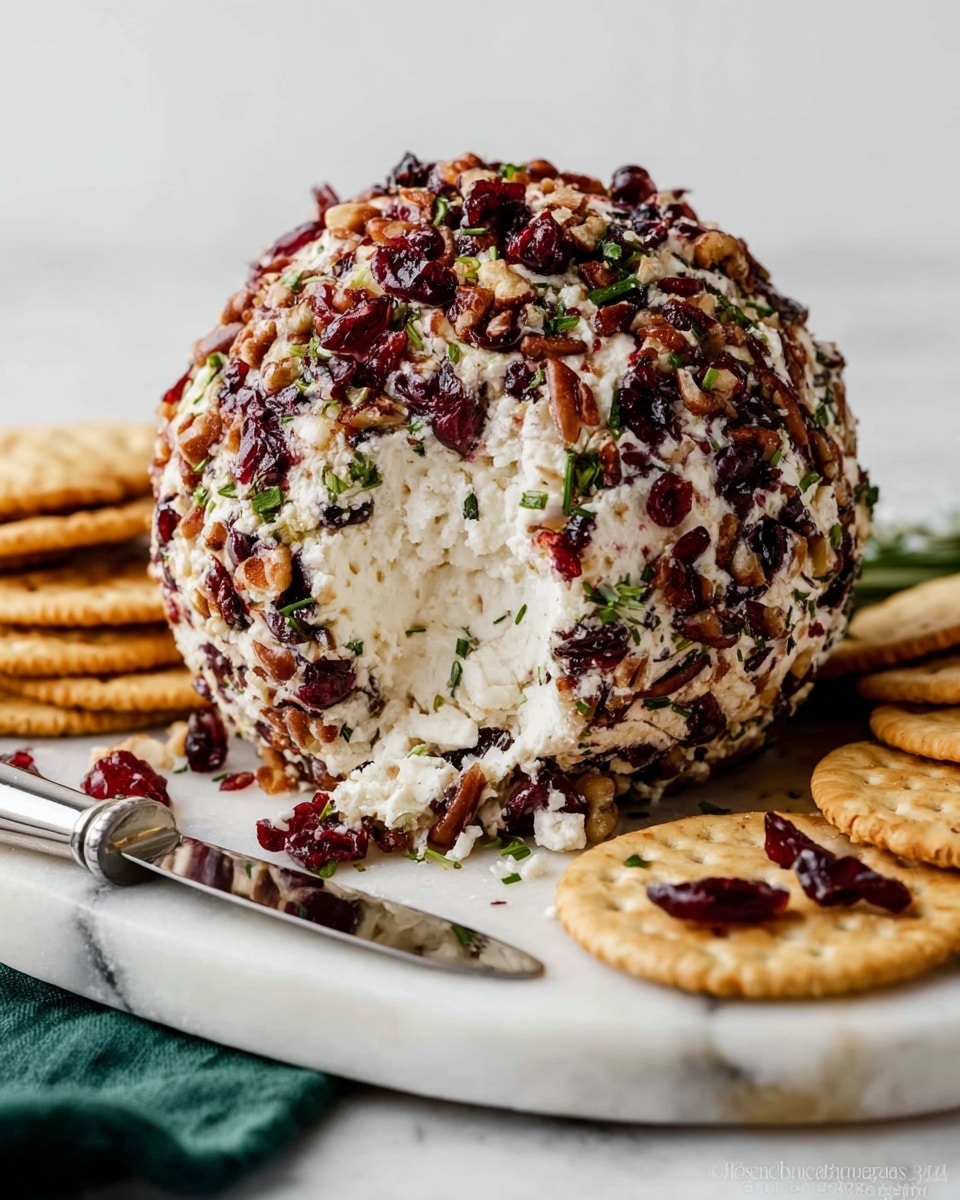 A round cheese ball with a rough texture is covered mostly with chopped dark red dried cranberries, brown pecans, and small green herbs, showing a white creamy cheese center where a bite has been taken out. It sits on a white marbled surface surrounded by light brown round crackers, one cracker in the front spread with a portion of the cheese ball. A silver-handled cheese knife lies next to the crackers, and a green cloth is partially visible on the bottom left corner. The background is clean and simple with a white color. Photo taken with an iphone --ar 4:5 --v 7