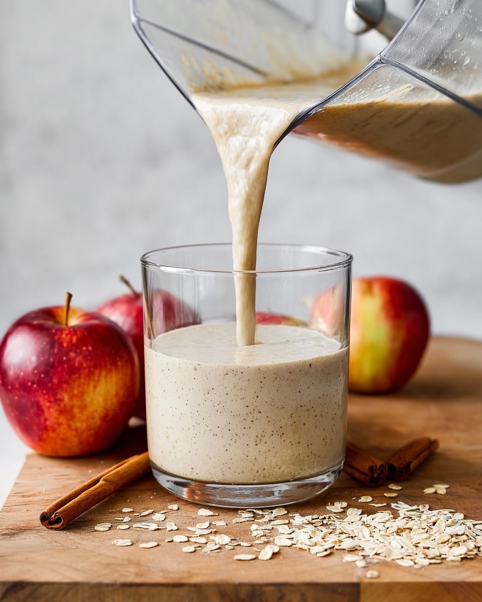 A close-up shows a clear glass placed on a wooden table with a white marbled background. A creamy beige smoothie with tiny brown specks is being poured from a blender into the glass, filling the bottom layer. Around the glass, there are three apples with red and yellow skin, a cinnamon stick, and scattered oats on the table. The scene has a warm, natural tone with soft lighting. Photo taken with an iphone --ar 4:5 --v 7