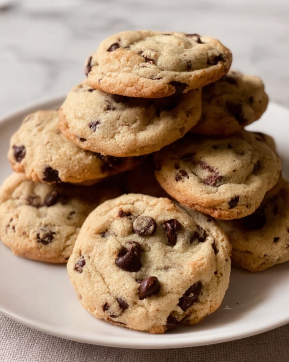 The image shows a two-part view of chocolate chip cookie dough on a round white tray with a white marbled surface underneath. On the left side, five small dough balls are evenly spaced on a sheet of white parchment paper on the tray, each ball light brown with dark chocolate chips scattered inside. On the right side, the dough balls have baked into round, slightly puffy cookies with a golden-brown color and visible chocolate chips. The cookies sit on the same white parchment paper on the white tray. photo taken with an iphone --ar 4:5 --v 7