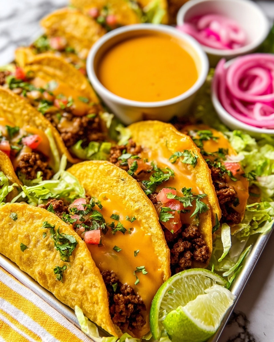 The image shows a close-up of many mini tacos arranged in rows on a white marbled surface. Each taco includes a golden, slightly crisp tortilla folded in half, filled with browned seasoned ground meat mixed with melted orange-yellow cheese. The tacos are garnished with small pieces of chopped red tomatoes and green cilantro leaves scattered over the tops. There are some thin, pale pink spiral pickled onions placed intermittently among the tacos. On the sides, there are bright green lime wedges and a white bowl filled with smooth, light orange dipping sauce. The overall look is colorful and inviting, with warm tones from the tortillas and meat balanced by cool greens and pinks. Photo taken with an iphone --ar 4:5 --v 7