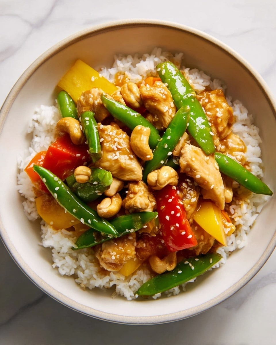 The dish shows several layers starting with a bottom layer of white rice with a soft texture, spread evenly along the bottom. On top, there are pieces of light brown chicken coated in a shiny, orange sauce, giving a glossy appearance. Bright green peas and snap peas are scattered throughout alongside thin slices of orange carrot and chunks of yellow pineapple, adding vibrant colors and varied textures. Small, pale sesame seeds are sprinkled over the top, giving a subtle speckled look. The background is a white marbled texture which contrasts with the colorful dish. photo taken with an iphone --ar 4:5 --v 7