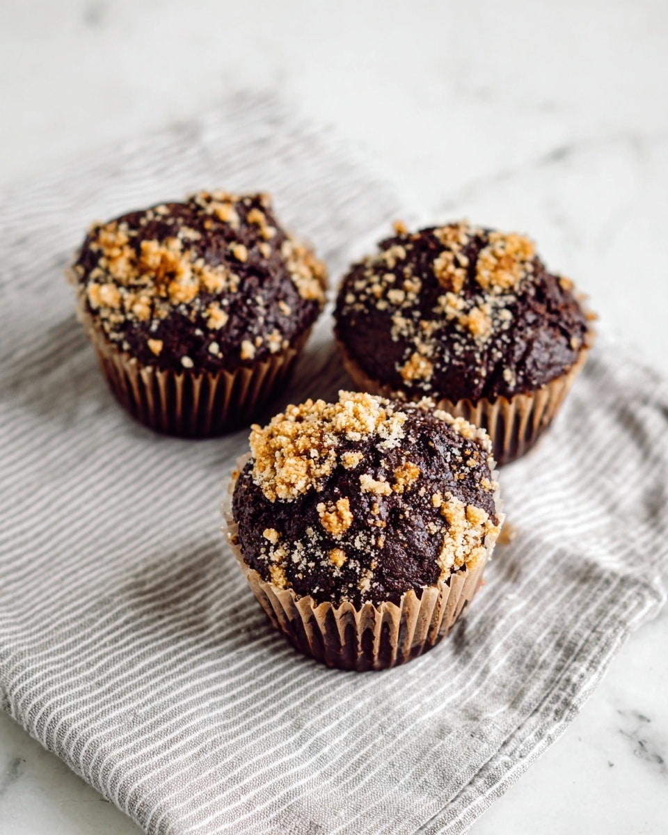 The image shows three chocolate muffins placed on a light grey and white striped cloth, which lies on a white marbled surface. Each muffin has a dark chocolate base with a crumbly golden brown topping scattered unevenly over the rough, cracked surface. The muffin wrappers are a translucent brown, allowing the dark cake to show through. The muffins are arranged in a triangle with two in the front and one at the back, creating depth in the image. Photo taken with an iphone --ar 4:5 --v 7