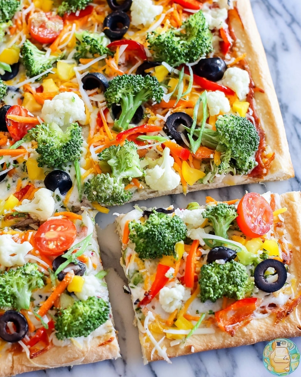 A rectangular pizza on a metal tray with a golden-brown crust forms the base layer. On top, there is a thick layer of white creamy sauce spread evenly. Above this, colorful fresh vegetables are scattered all over: bright green broccoli florets and small cauliflower pieces, red diced tomatoes, sliced black olives, yellow bell pepper chunks, and chopped green onions. Thin shredded cheese in orange and white hues is spread lightly around the pizza. The background is a white marbled surface. Photo taken with an iphone --ar 4:5 --v 7