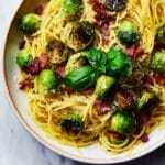 Easy Lemon Basil Pasta with Balsamic Brussels Sprouts and Crispy Prosciutto Recipe