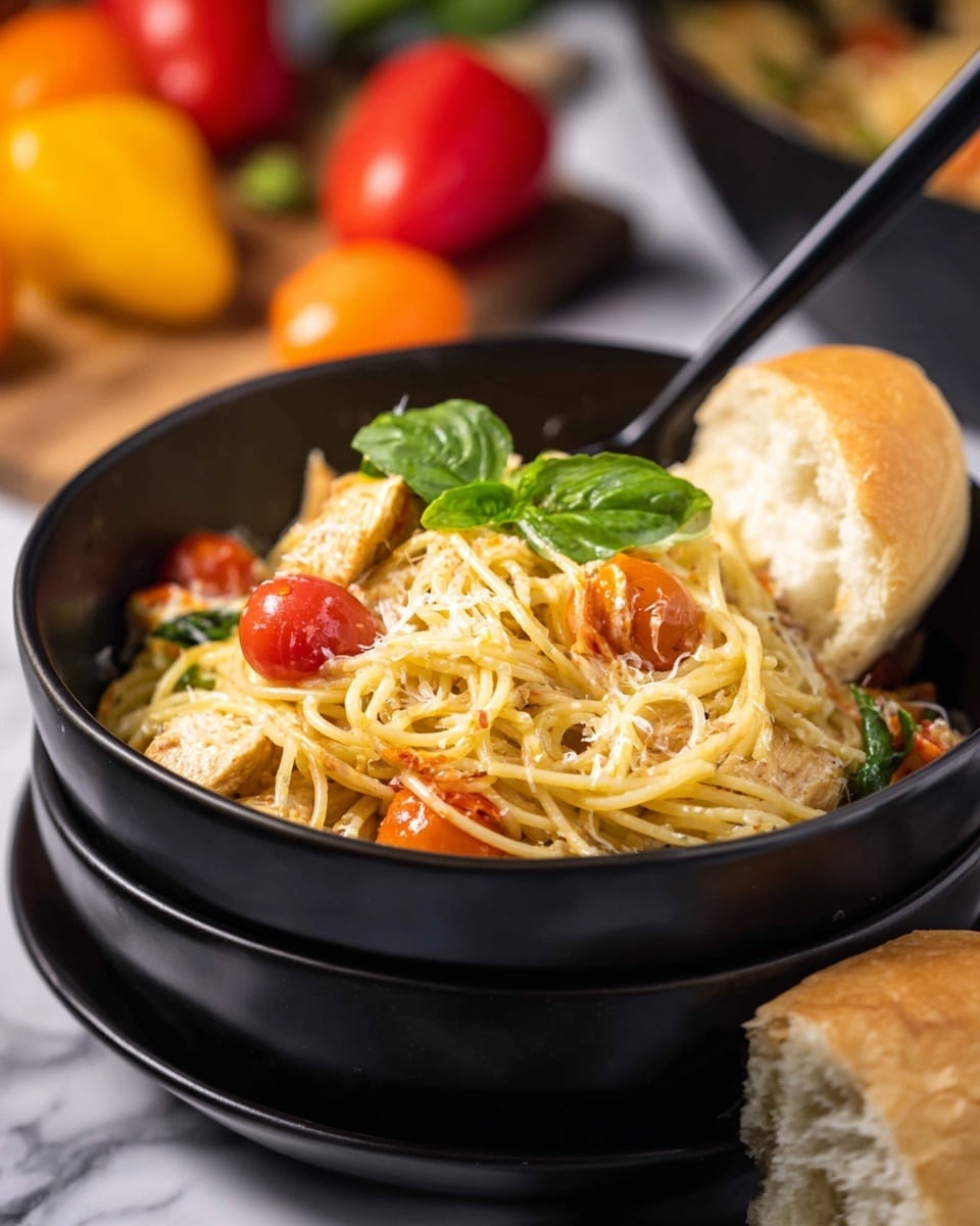 A black bowl stacked on another black bowl, filled with light yellow spaghetti mixed with small red cherry tomatoes and chunks of golden-brown cooked chicken, topped with a single bright green basil leaf in the center; a black spoon is resting inside the bowl on the right side, with part of a white bread roll placed nearby on a white marbled surface and blurred colorful vegetables in the background. photo taken with an iphone --ar 4:5 --v 7