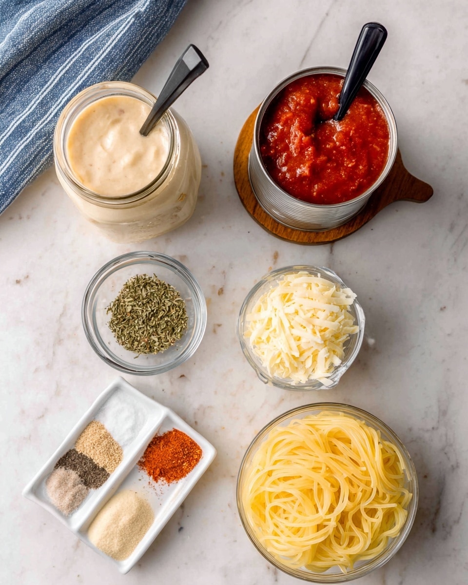 The image shows five containers with cooking ingredients arranged on a white marbled surface. At the top left, there is an open jar of creamy beige sauce with a black spoon inside. To the right, a silver tin can filled with bright red chunky tomato sauce sits on a round wooden coaster with a black spoon standing upright inside. Below the jar, a small round clear bowl holds green dried herbs. Next to it, a white square dish contains three different spices: paprika-colored powder, light tan powder, and ground black pepper, arranged side by side. At the bottom right, there is a clear bowl with shredded white cheese. Finally, at the bottom left, a larger clear bowl contains yellow cooked spaghetti noodles loosely twirled. A blue and white striped cloth is partially visible at the top left corner. Photo taken with an iphone --ar 4:5 --v 7