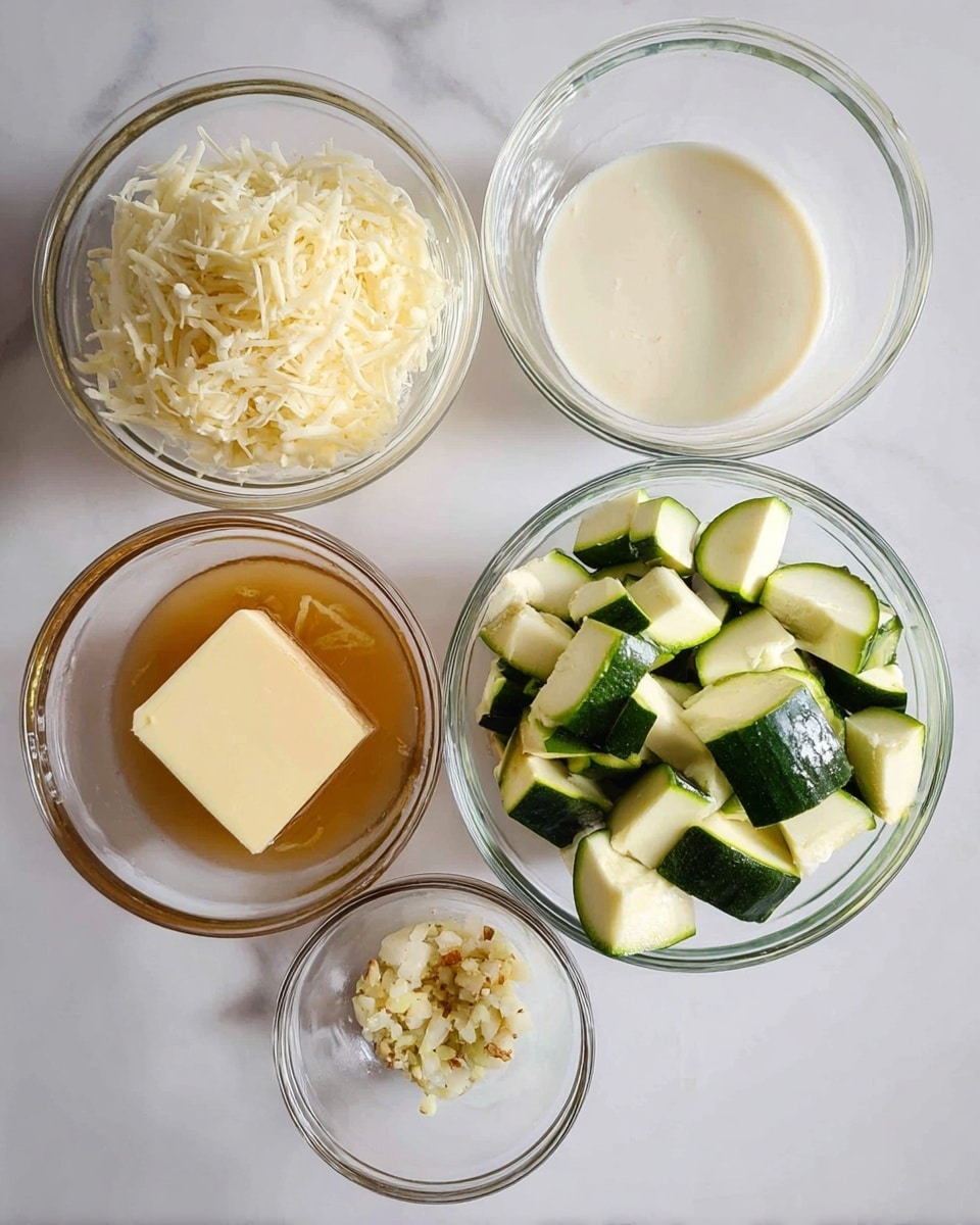 The image shows six clear glass bowls on a white marbled surface, each containing a different ingredient for cooking. The largest bowl at the bottom right is filled with chopped zucchini pieces with green skin and white insides. Above it to the right is a bowl filled with a creamy white liquid. To the left of that, a bowl contains a golden brown liquid with some small herbs floating. At the top left, another bowl is full of shredded white cheese. Below it is a small bowl with a square piece of pale yellow butter. Lastly, at the bottom left, there is a small bowl with a minced garlic mixture. All bowls are arranged neatly and evenly spaced. Photo taken with an iphone --ar 4:5 --v 7
