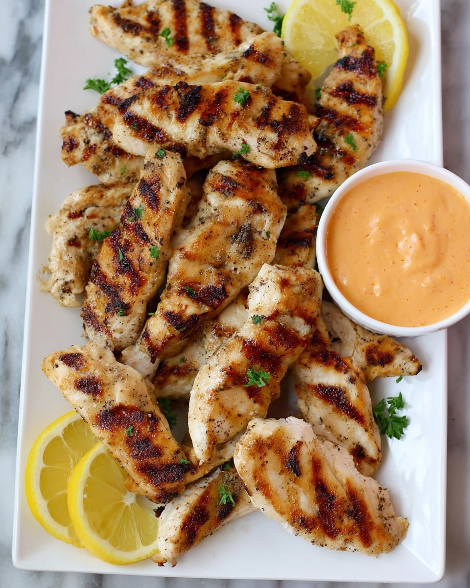 The image shows a white rectangular plate with about a dozen grilled chicken strips arranged loosely and overlapping each other. The chicken pieces have visible grill marks, ranging from light to dark brown, and a slightly shiny texture from cooking. There are scattered small green parsley leaves sprinkled over the chicken and plate. Three thin lemon slices are placed underneath some chicken pieces near the bottom left and middle of the plate. On the right side of the plate, a small white round bowl filled with creamy, slightly swirled orange dipping sauce sits close to the chicken strips. The surface under the plate is a white marbled texture. photo taken with an iphone --ar 4:5 --v 7