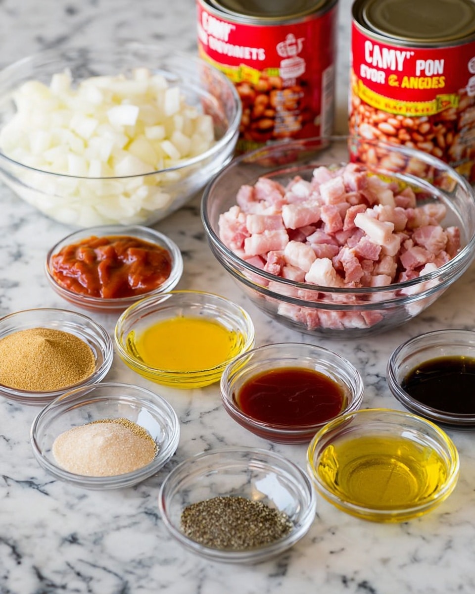 The image shows several ingredients arranged on a white marbled surface. At the back, there are two cans of pork and beans in tomato sauce with red labels. A clear glass bowl next to the cans holds chopped raw bacon with fat and meat visible in pink and white colors. Another clear bowl contains diced white onions. In front of these, there are small clear bowls arranged in a row, each holding different ingredients: light brown sugar, bright yellow mustard, dark brown liquid (possibly Worcestershire sauce), reddish ketchup, light golden oil, ground black pepper, and white salt. The ingredients are neatly organized and ready for cooking photo taken with an iphone --ar 4:5 --v 7