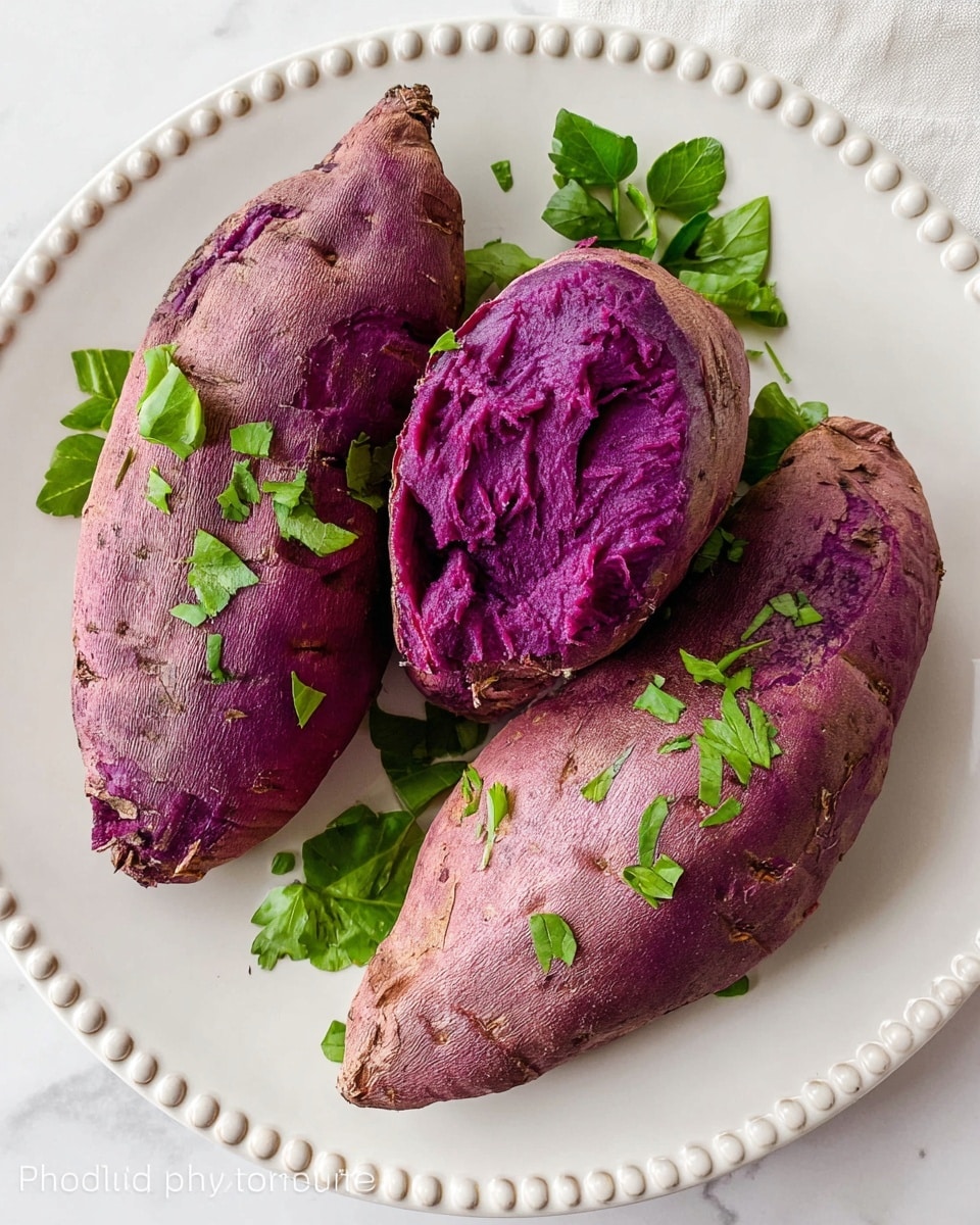 Three roasted purple sweet potatoes are placed on a white plate with a beaded edge. Two whole sweet potatoes with rough, textured purple skins sit on either side, while the middle one is split open to reveal a dense, vibrant purple inside with a soft, slightly fibrous texture. Bright green fresh herb leaves are sprinkled on and around the sweet potatoes for color contrast. The plate rests on a white marbled surface. Photo taken with an iphone --ar 4:5 --v 7