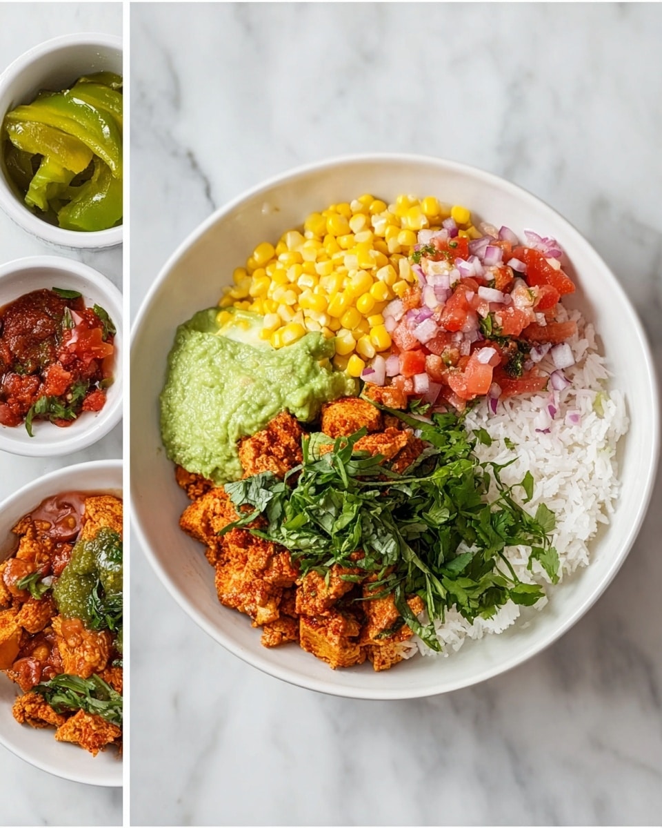 The dish shows a white bowl filled with four main layers arranged side by side on a bed of white rice. At the top left is bright yellow corn with a shiny texture, to the right of it is a pile of finely chopped red and pink tomato salsa. Below the salsa is a greenish, chunky guacamole, and to the left of the guacamole is a generous portion of crumbly, reddish-orange cooked tofu topped with fresh dark green herb leaves. The bowl sits on a white marbled surface, and the photo taken with an iphone --ar 4:5 --v 7