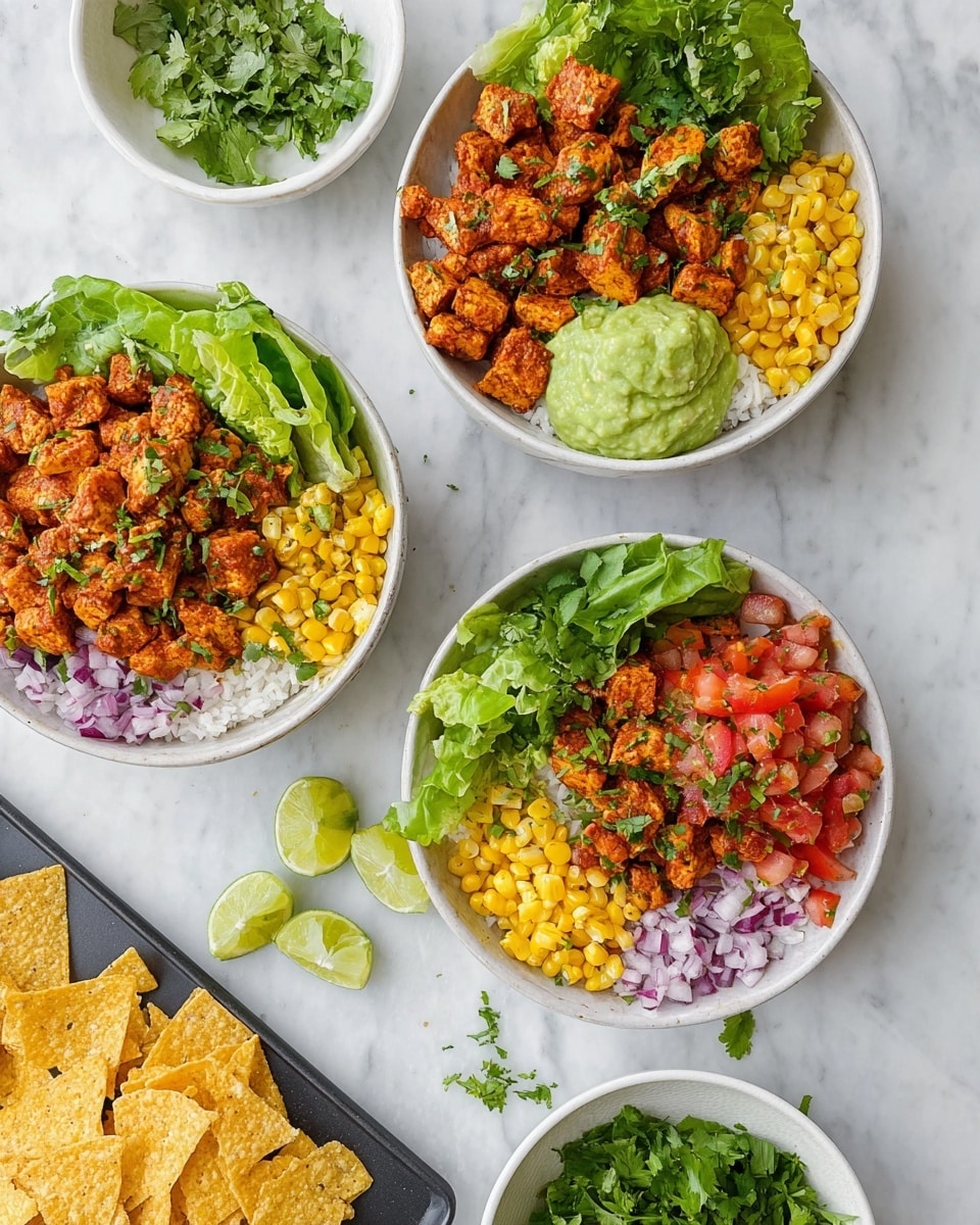 The image shows three white bowls filled with a layered dish on a white marbled surface. Each bowl has a base layer of white rice, topped with a reddish-orange seasoned tofu mix. Around the tofu, bright yellow corn kernels are placed on one side, fresh red tomato salsa with small pieces of purple onion on another side, and a light green guacamole scoop on the last side. Each bowl is garnished with a few dark green lettuce leaves and some chopped green herbs sprinkled on top. Nearby, there are some light green lime wedges in a small white dish and a white bowl filled with fresh green cilantro leaves. A black tray with some yellow tortilla chips and broken chip pieces are visible on the left side. The overall look is fresh, colorful, and neatly arranged. photo taken with an iphone --ar 4:5 --v 7