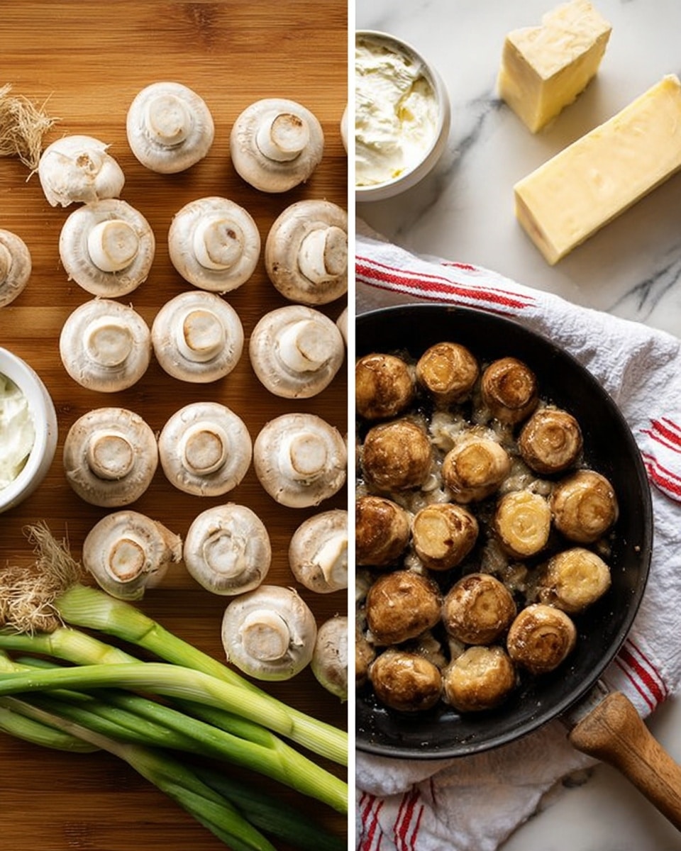 The image shows two parts: on the left, there is a wooden surface with many whole white mushrooms spread out, three green onions lying diagonally at the bottom right, a block of white cheese and a wedge of a hard light yellow cheese in the top right corner, and a white bowl filled with a white creamy substance on the left side. On the right, there is a black frying pan filled with cooked whole mushrooms, with the mushrooms browned on top, placed on a white cloth with red stripes on a white marbled surface. photo taken with an iphone --ar 4:5 --v 7
