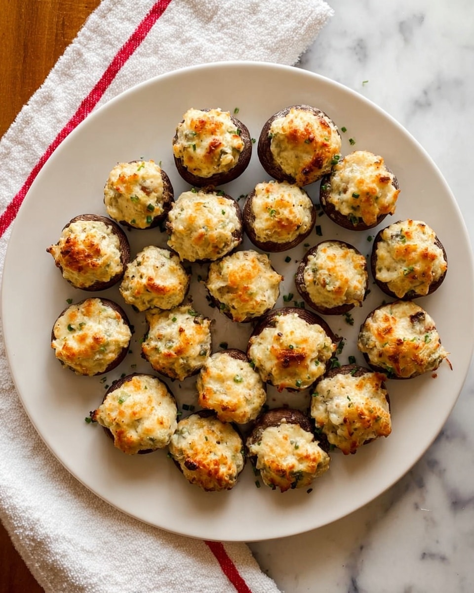 A white plate filled with two layers of baked stuffed mushrooms arranged neatly in a circular pattern, each mushroom cap topped with a creamy, light golden filling that has small bits of orange and green visible, and browned spots on top showing it is baked; the mushroom caps are dark brown with a smooth texture, and the plate is set on a white marbled surface with a white cloth featuring a red stripe casually placed on the left side. photo taken with an iphone --ar 4:5 --v 7