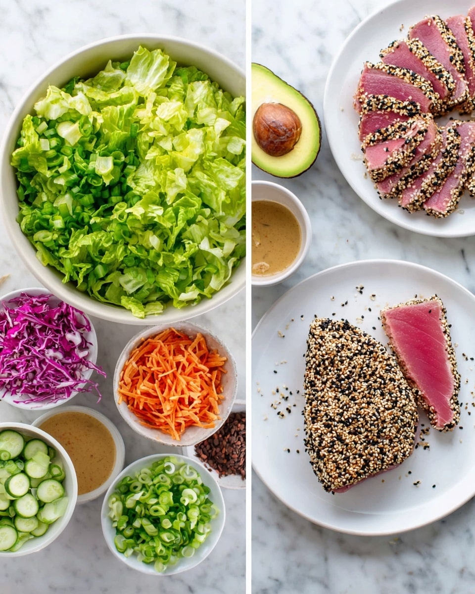 The image shows two parts: on the left, there are several white bowls and plates arranged on a white marbled surface. One large bowl in the center contains chopped green lettuce, and around it, there are smaller bowls with chopped cucumber, shredded purple and white cabbage with carrot, and sliced green onions. There is also a bowl with a light brown dressing and another with crispy tortilla strips. Above these bowls, there is a white plate with pinkish sliced tuna coated with black and white sesame seeds, and a half avocado with a dark brown seed next to it. On the right side of the image, a white plate holds a slice of raw tuna heart-shaped covered on one side with black and white sesame seeds, resting on more sesame seeds spread in a circle. The background is white marbled. Photo taken with an iphone --ar 4:5 --v 7
