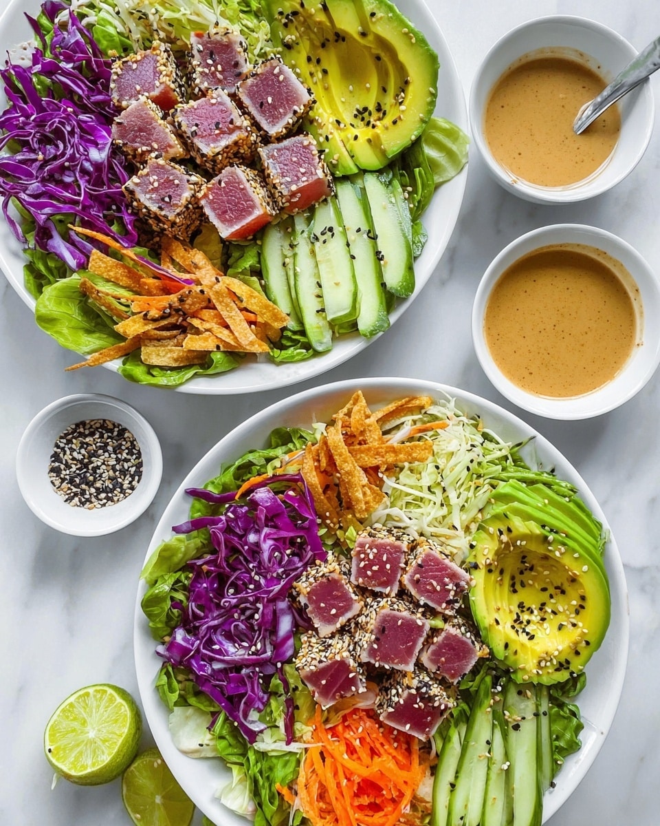 The image shows two white bowls of fresh salad placed on a white marbled surface. Each bowl is layered with shredded green lettuce and purple cabbage, finely sliced carrots, and thin pieces of green onion. On top, there are cubes of seared tuna coated in sesame seeds with a pink center, placed centrally. One side of each bowl has long, thin cucumber sticks, and the other side has slices of bright green avocado sprinkled with sesame seeds. There are also crunchy fried strips and a wedge of lime in each bowl. Two small white bowls next to the salads hold light brown sauce and mixed black and white sesame seeds. The overall colors are fresh and vibrant. Photo taken with an iphone --ar 4:5 --v 7