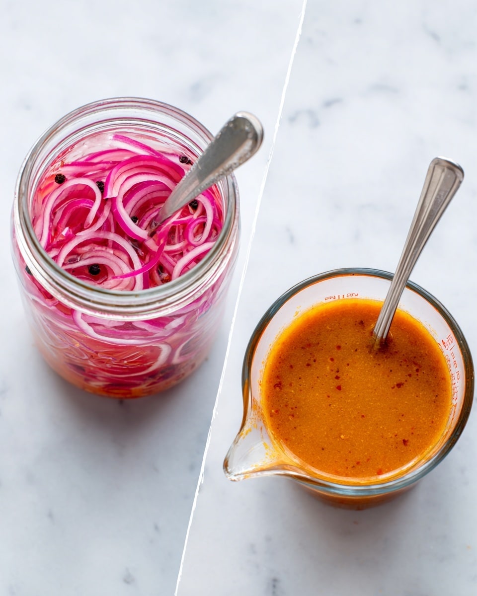 The image shows two separate glass containers on a white marbled surface. On the left, a clear glass jar filled with thinly sliced red onions soaking in a pinkish liquid, with small black peppercorns visible among the onions, and a metal spoon standing inside the jar. On the right, a clear measuring cup containing a thick, smoothly mixed, deep orange-brown sauce with some tiny texture, also with a metal spoon inside. photo taken with an iphone --ar 4:5 --v 7