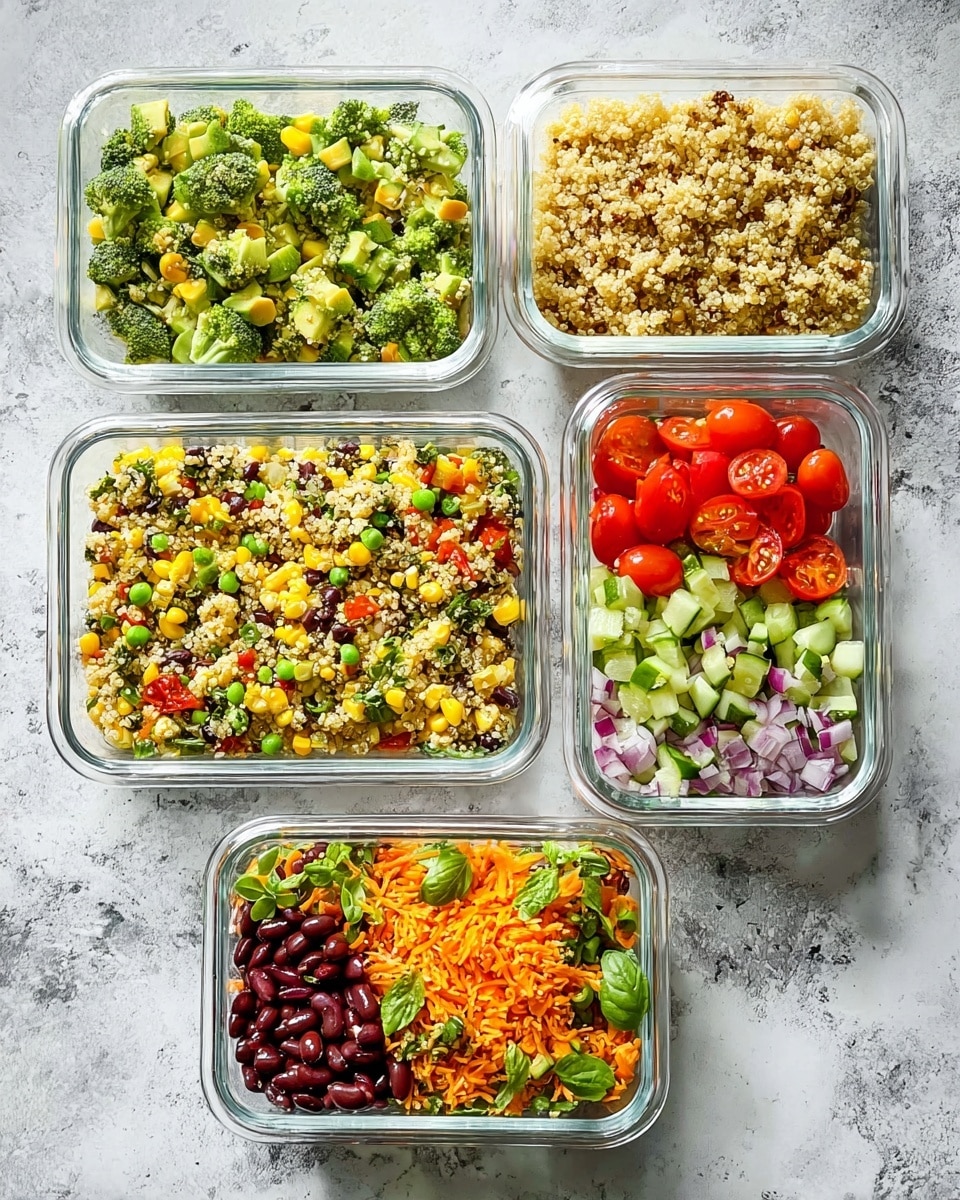 Five clear rectangular glass meal prep containers sit on a white marbled surface. The top left container holds a mix of small green broccoli florets, chopped cucumbers, and green peas on a bed of light green quinoa. The top right container is filled with light tan quinoa mixed with halved bright red cherry tomatoes and fresh green basil leaves. The middle left container shows a colorful mix of light brown quinoa with yellow corn, black beans, and small pieces of red and green bell peppers. The middle right container contains a vibrant orange blend of shredded carrots, yellow corn, diced red onions, and bits of green celery. The bottom container holds a fresh quinoa salad with dark red kidney beans, roughly chopped cucumbers, and small pieces of purple onion. Photo taken with an iphone --ar 4:5 --v 7