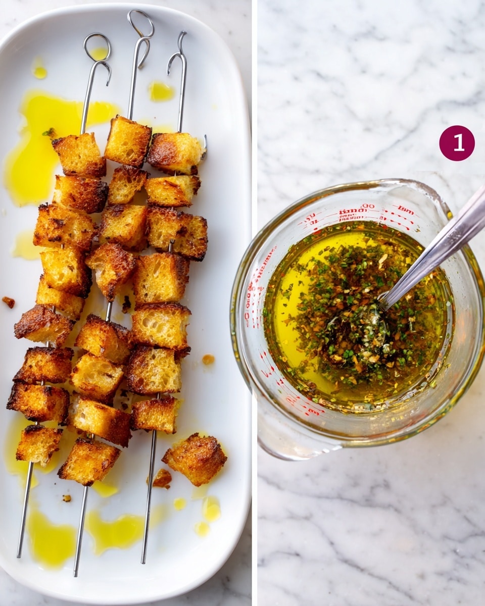 The image shows two parts: on the left, several metal skewers hold small toasted bread cubes that are golden brown with a crunchy texture. These skewers are arranged in a row on a white plate with some drops of oil or sauce around them. On the right, a clear glass measuring cup contains a mix of yellow olive oil and small green herb pieces, with a metal spoon sitting inside. Both items rest on a white marbled surface. Photo taken with an iphone --ar 4:5 --v 7