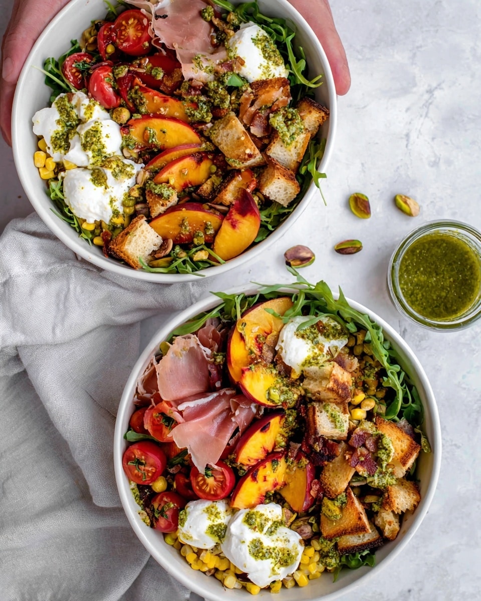 The image shows two white bowls filled with a colorful salad placed on a white marbled surface. Each bowl has a base layer of dark green arugula leaves, then chunks of toasted golden brown bread scattered on top. Over the bread, roasted peach slices with a caramelized brown edge and bright yellow kernels of corn are spread. Small bunches of bright red cherry tomatoes hang on their green stems along the side of the bowls. Soft white dollops of creamy cheese are placed throughout, and thin folds of pink prosciutto are layered carefully above. The salad is finished with a drizzle of green herb dressing visible on the cheese and peaches. On the left side of the top bowl, a woman's hand holds the rim, and a light gray cloth napkin lies underneath. Nearby on the right side, a clear measuring cup filled with a green herb dressing sits along with a small scattering of pistachios. The whole scene is lit evenly and looks fresh and inviting. photo taken with an iphone --ar 4:5 --v 7