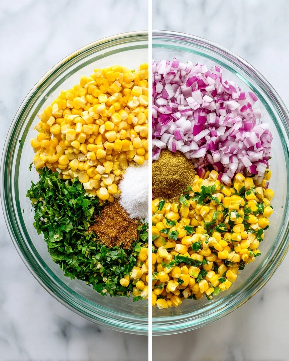 Two clear glass bowls sit side by side on a white marbled surface. The first bowl holds separate layers of ingredients: bright yellow corn kernels on the upper left, finely chopped red onions with white and purple tones on the upper right, a small heap of brown cumin powder near the center, a pinch of white salt below the powder, dark green chopped cilantro on the lower left, and bright green chopped jalapeño on the lower right. The second bowl shows all these ingredients mixed together into one colorful mixture, with yellow corn kernels dotted with small pieces of red onion, green cilantro, and jalapeño, sitting evenly across the bowl's surface. The lighting is bright, highlighting the freshness and vivid colors of the ingredients. photo taken with an iphone --ar 4:5 --v 7