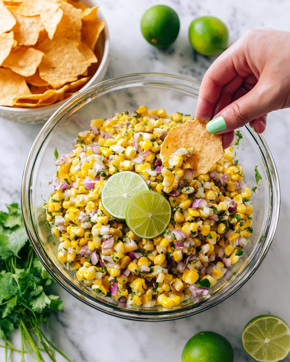 A clear glass bowl filled with a colorful corn salad made of bright yellow corn kernels mixed with small pieces of red onion and green herbs. Two fresh lime slices rest on top of the salad. A woman's hand with light green nails is seen dipping a round tortilla chip into the salad. Around the bowl, there are whole and halved limes, fresh green cilantro, and a white bowl filled with tortilla chips. All is set on a white marbled surface. photo taken with an iphone --ar 4:5 --v 7