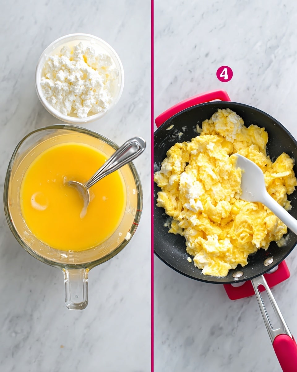 The image shows two side-by-side photos on a white marbled surface. On the left, there is a transparent measuring cup filled with yellow beaten eggs with a silver spoon inside, and above it, a white container holding white cottage cheese with a silver spoon sticking out. On the right, there is a black frying pan resting on a red and black grip pad, containing soft yellow scrambled eggs with visible white curds of cottage cheese mixed in, being stirred by a white spatula. Photo taken with an iphone --ar 4:5 --v 7