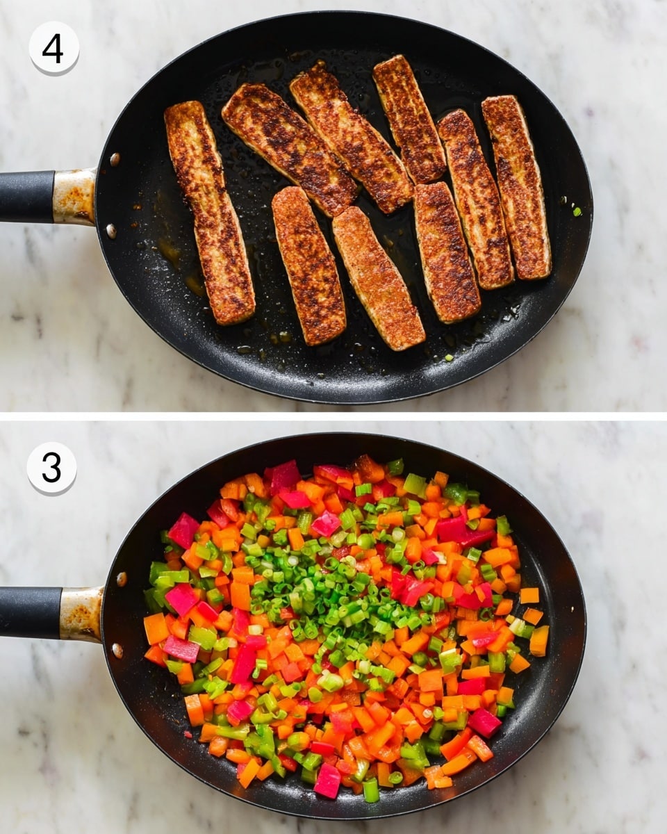 The first image shows a black frying pan on a white marbled surface with six long, browned pieces of cooked food that have grill marks and a slightly crispy texture arranged side by side inside the pan. The second image shows a similar black frying pan on the same white marbled surface filled with colorful pieces of chopped vegetables, including bright red and orange bell peppers and green chopped spring onions, scattered evenly across the pan. photo taken with an iphone --ar 4:5 --v 7