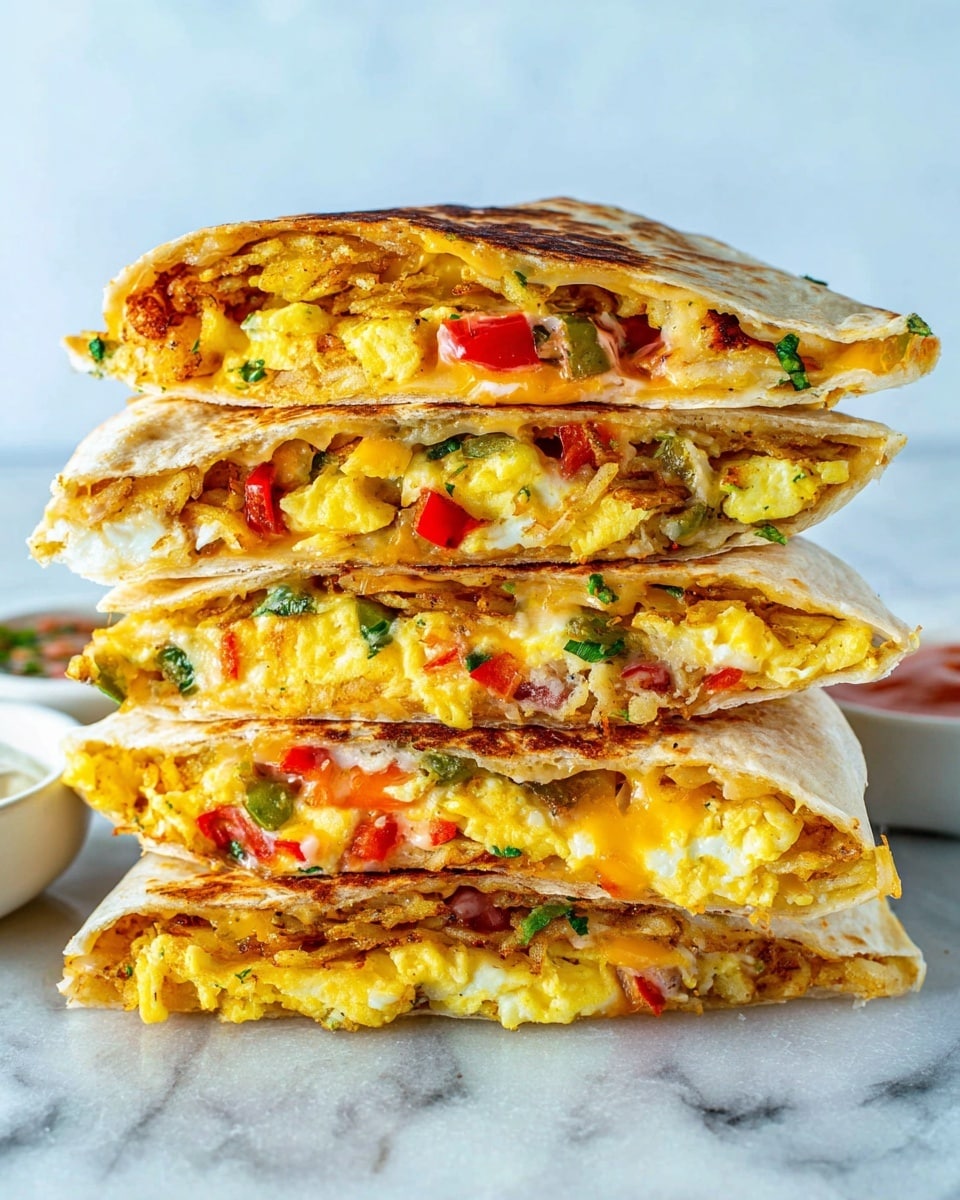 A stack of five folded breakfast quesadillas is shown on a white marbled surface, each quesadilla cut in half to display its layers clearly. Each piece has a soft, lightly browned flour tortilla wrapping a filling of bright yellow scrambled eggs, vibrant red diced bell peppers, bits of green herbs, melted orange cheddar cheese, and golden brown crispy hash browns at the base. The layers are thick and well packed, showing a mix of creamy, soft, and crispy textures. On the sides, small white bowls with dips are slightly visible, and the background is a soft light blue color. photo taken with an iphone --ar 4:5 --v 7