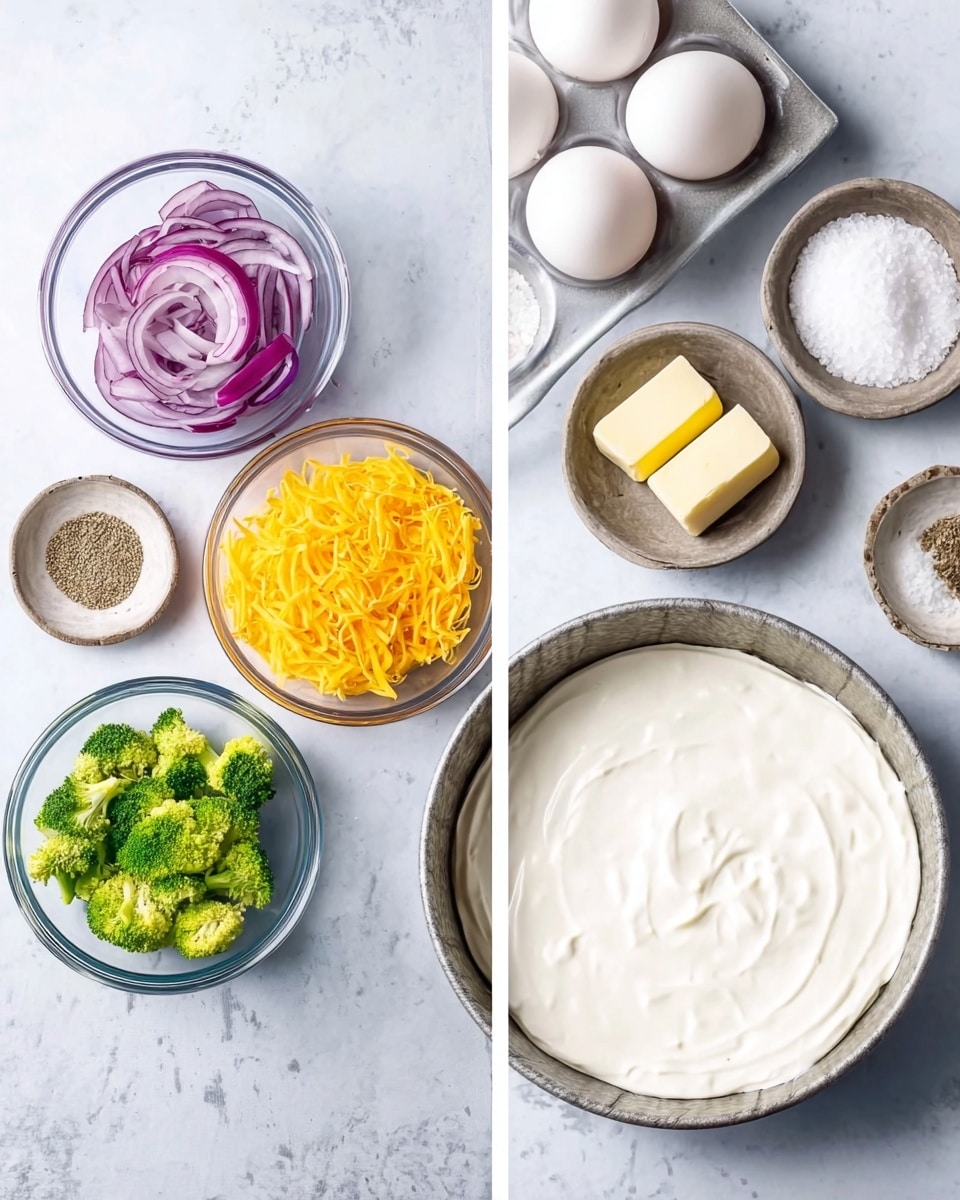 The image shows a recipe preparation scene on a white marbled surface. On the left side, there are six clear bowls arranged, containing different ingredients: one with chopped red onion slices, another with bright yellow shredded cheese, one with small green broccoli florets, a small bowl with two small pieces of butter, a small bowl with salt and pepper, and a tray with white eggs in the background. On the right side, a round metal pie tin is shown with a smooth layer of white cream spread evenly inside. The overall colors are white, green, yellow, red, and metal grey with textures from smooth cream to rough chopped vegetables. Photo taken with an iphone --ar 4:5 --v 7