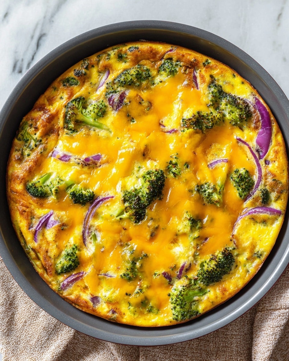 A round frittata is shown in a dark gray pan placed on a white marbled surface with a beige cloth nearby. The dish has one main thick layer with a golden-yellow cooked egg base that has slightly browned edges. Spread evenly across the top are green broccoli florets and thin purple onion slices. Melted, bright orange cheddar cheese covers much of the surface, creating a glossy texture that blends with the vegetables underneath. The mixture looks fluffy and baked through, with some small browned spots on the cheese and edges. Photo taken with an iphone --ar 4:5 --v 7